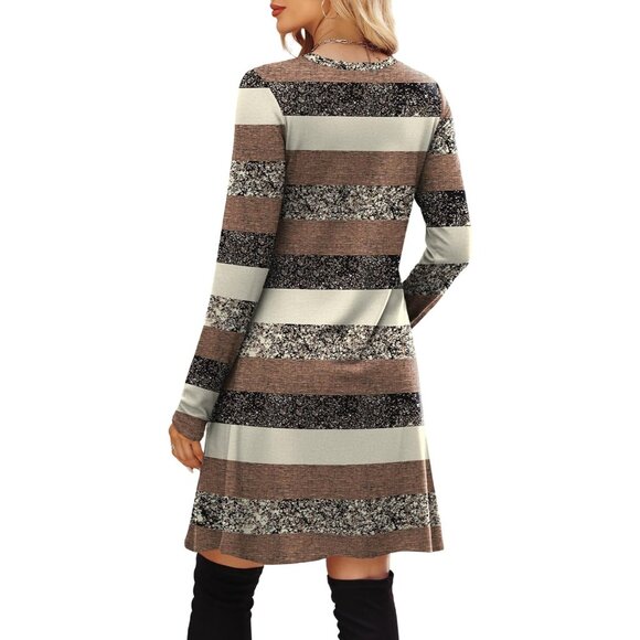 Ofeefan Women Brown Stripe Crew Neck Long Sleeve Empire Waist Dress with Pockets - Picture 5 of 5